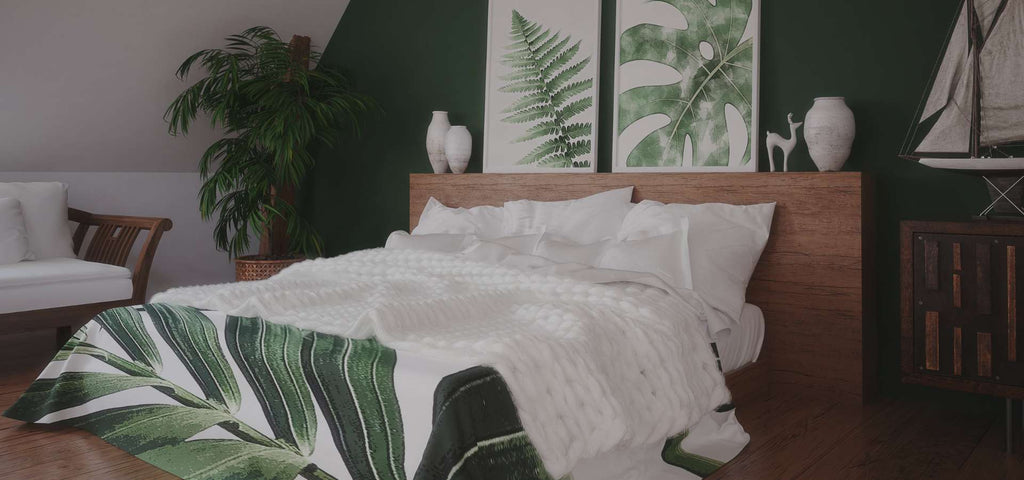 Organic Mattress in a clean bedroom with a palm leaf patter on the bed