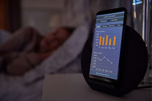 Sleep tracker details shown next to a woman sleeping in bed.